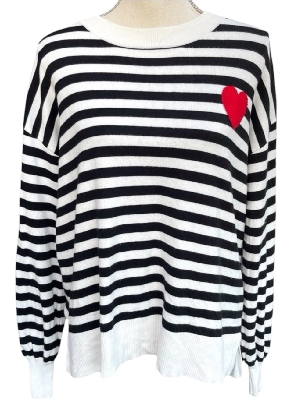 Stitch & Feather Black/White Stripe with Heart Oversized Crew Neck Sweater (M)